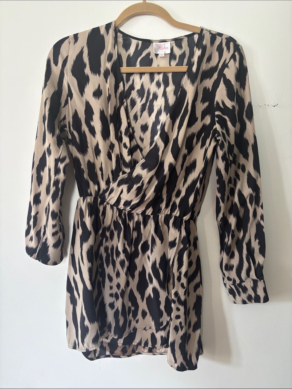 Parker Beige and Black Animal-Print Long Sleeve Wrap Dress